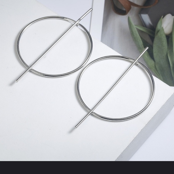 SILVER Large geometric circle earrings - Picture 2 of 5